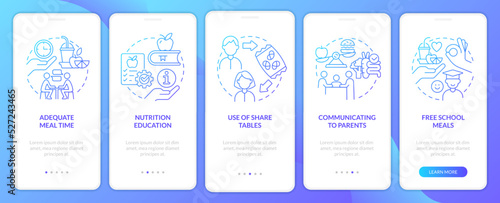School lunch program importance blue gradient onboarding mobile app screen. Walkthrough 5 steps graphic instruction with linear concepts. UI, UX, GUI template. Myriad Pro-Bold, Regular fonts used
