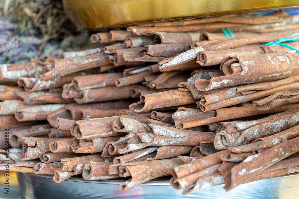 Cinnamon sticks on the marketplace shelf in Turkey