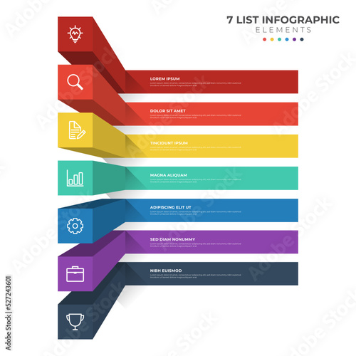 7 points of steps diagram, 3D list layout, infographic element template vector with icons
