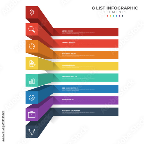 8 points of steps diagram, 3D list layout, infographic element template vector with icons