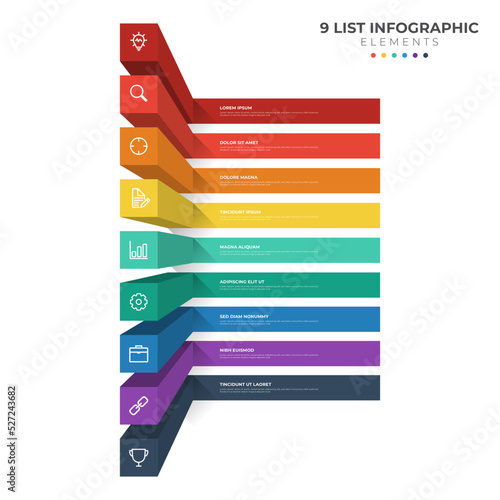 9 points of steps diagram, 3D list layout, infographic element template vector with icons