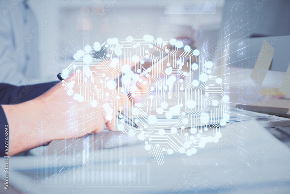 Double exposure of man's hand holding and using a digital device and brain hologram drawing. Data concept. Double exposure of man's hand holding and using a digital device and brain hologram drawing. Data concept.