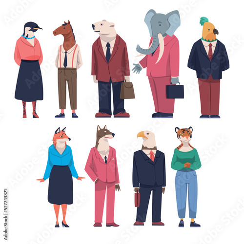 Animal Office Employee Wearing Formal Corporate Suit Standing Vector Set