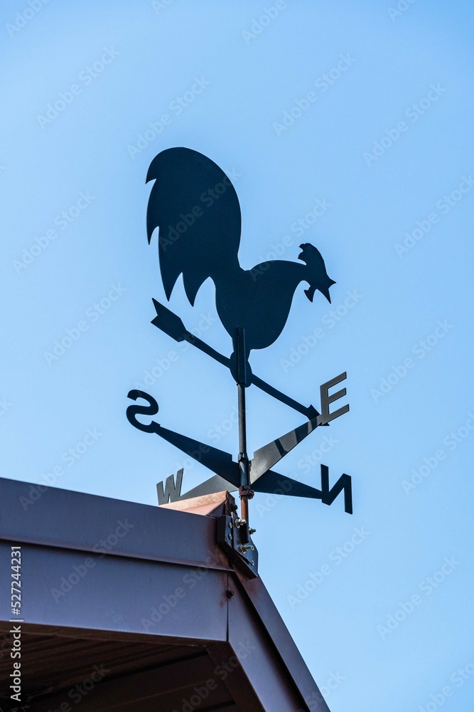 Roof of country house is set with weather vane. Weathervane in shape of rooster. Black rooster with large tail sits on arrow. Under arrow, sides of the color are indicated as on compass. Roof of country house is set with weather vane. Weathervane in shape of rooster. Black rooster with large tail sits on arrow. Under arrow, sides of the color are indicated as on compass.