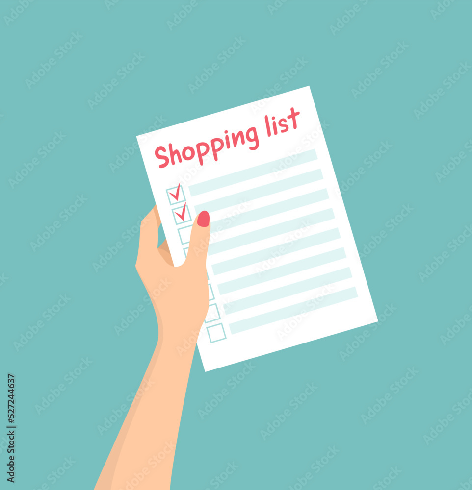 A woman's hand holding a shopping list. Flat vector illustration A woman's hand holding a shopping list. Flat vector illustration