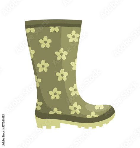 Green khaki rubber boot with floral pattern on a white background. Flat vector illustration
