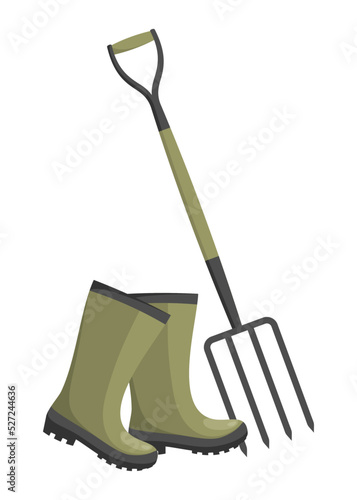 Green khaki rubber boots and a pitchfork on a white background. Flat vector illustration