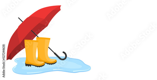 Yellow rubber boots in a puddle under a red umbrella on a white background with copy space. Flat vector illustration