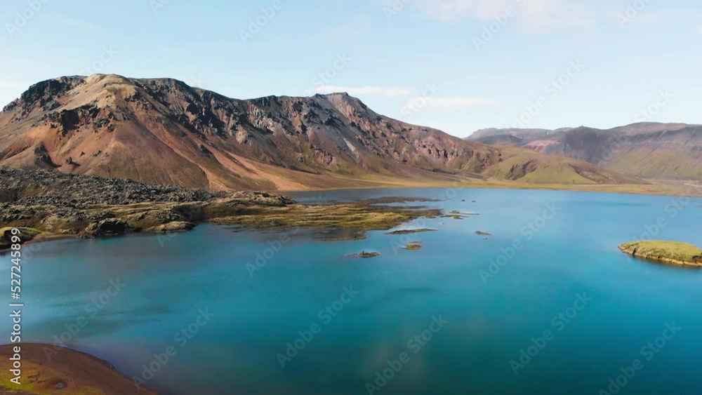 Lake and mountains of Landmannalaugar landscape in summer season, aerial view - Iceland - Europe Lake and mountains of Landmannalaugar landscape in summer season, aerial view - Iceland - Europe