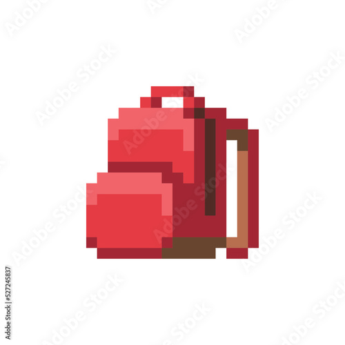 Red backpack pixel art abstract icon. Flat style. 8-bit. Isolated vector illustration.