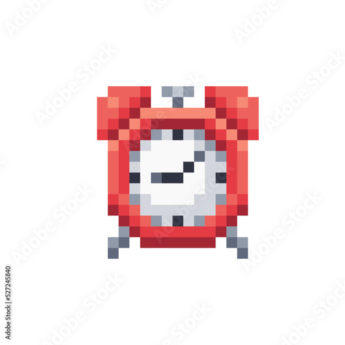 Alarm clock pixel art icon. Design for logo, web, mobile app, sticker, badges and patches. Stopwatch Isolated vector illustration.  Video game sprite. 8-bit.  