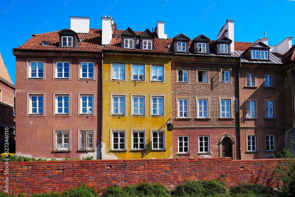 Colourful buildings in the center of Warsaw city. Warsaw Old Town. Traditional architecture in Warsaw, Poland