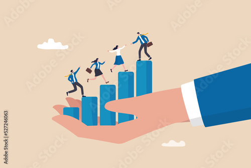 Employee development, talent management or career growth, staff engagement or teamwork and support for success, improvement concept, business people help each other walk up growth graph on HR hand.