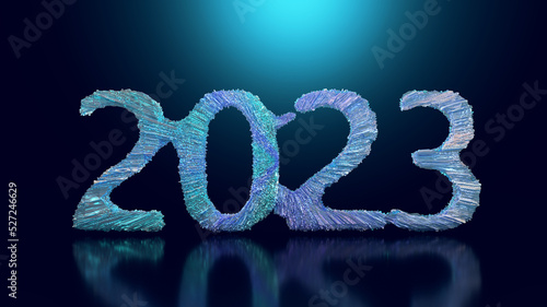 2023. New year 2023, icy frozen inscription. 3d render illustration