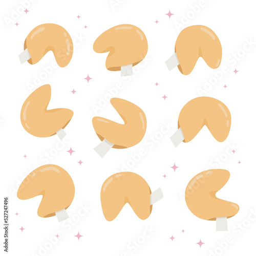 Set of cartoon Chinese fortune cookies. Surprised message inside of bake. Flat style vector illustration.