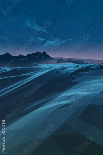 abstract blue landscape, low poly 3d illustration