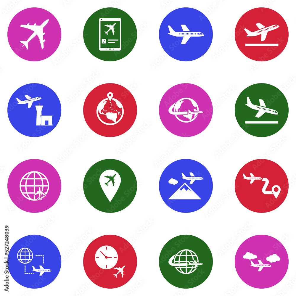 Plane Icons. White Flat Design In Circle. Vector Illustration.