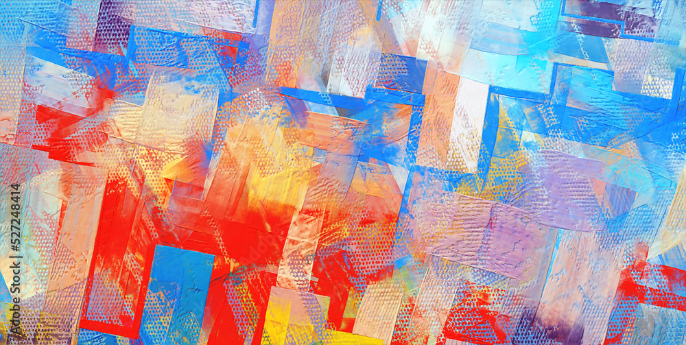 Bright oil painting, canvas, abstract paint strokes. Acrylic artwork, artistic texture. Brush daubs and smears grungy background, hand painted orange, red and blue colored pattern art
