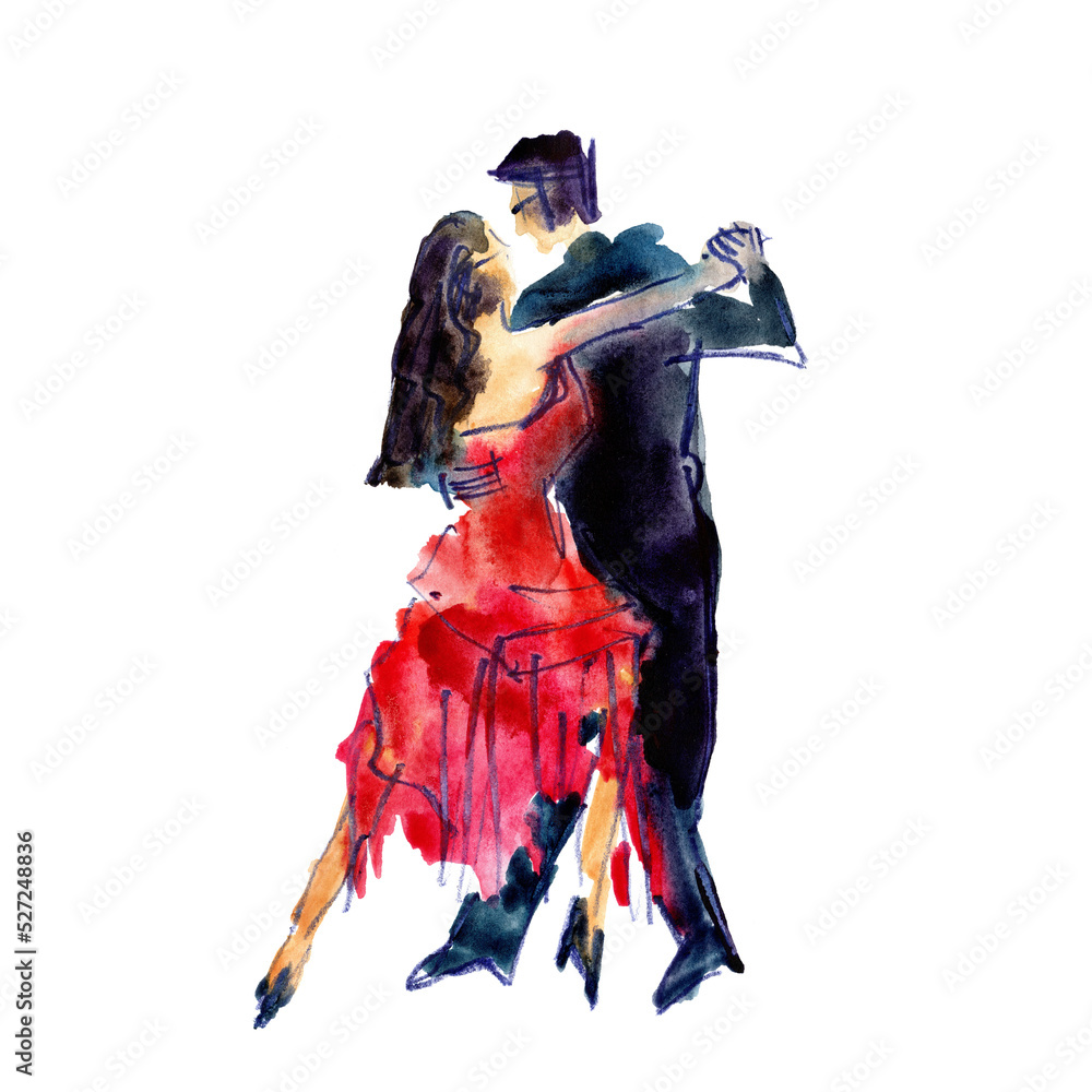 Watercolor illustration: couple, man and woman dancing tango - obrazy, fototapety, plakaty 