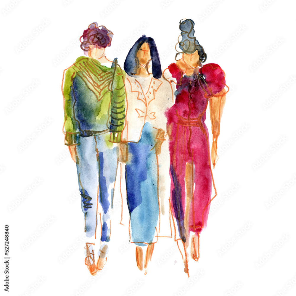 Naklejka premium Hand drawn watercolor illustration: a company of girls in fashionable clothes