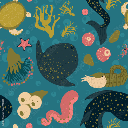Marine seamless pattern with underwater animals, plants, ocean fish