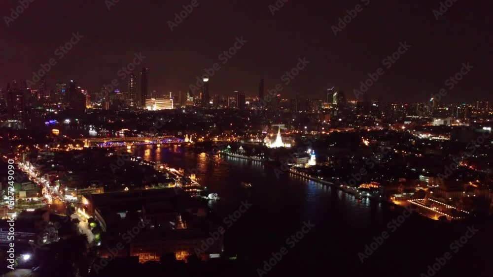 Night drone shots of Bangkok near Wat Arun temple, UHD Night drone shots of Bangkok near Wat Arun temple, UHD