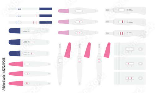 Set of different pregnancy test results vector illustration. Pregnancy positive and negative test with 1 stripe and 2 stripes flat design clipart. Female reproductive, planning of pregnancy concept
