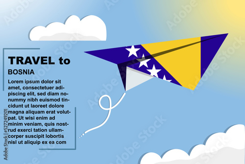 Bosnia and Herzegovina travel vector banner with paper flag and text space, flag on paper plane, holiday and vacation concept