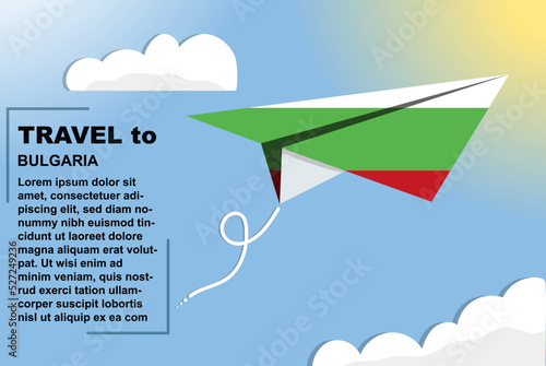 Bulgaria travel vector banner with paper flag and text space, flag on paper plane, holiday and vacation concept