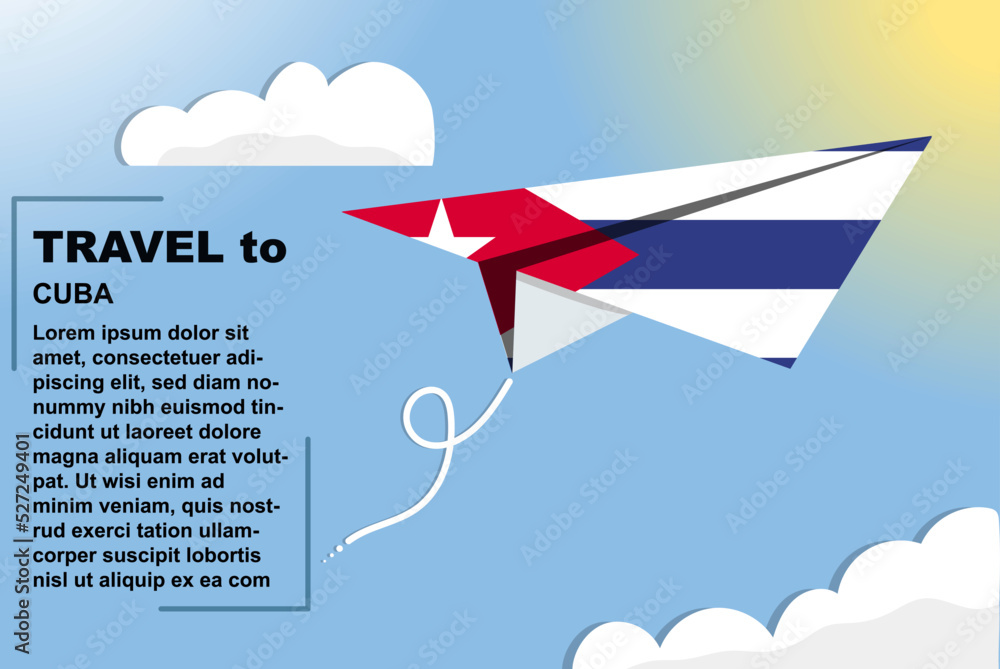 Cuba travel vector banner with paper flag and text space, flag on paper plane, holiday and vacation concept