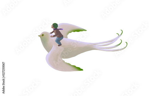 A boy riding a big bird, concept idea of animal, fantasy, peace, freedom, and imagination, 3d illustration, surreal artwork, character design, cartoon photo