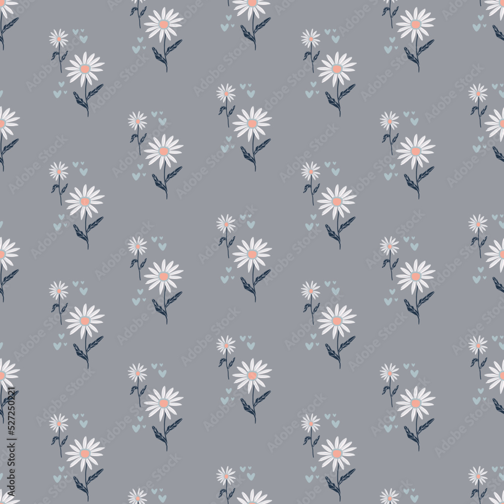 Chamomile seamless pattern floral mille fleur with hearts. Lovely floral print. Perfect for textile, wallpapers, fabric, banners, scrapbooking. Vector illustration. Chamomile seamless pattern floral mille fleur with hearts. Lovely floral print. Perfect for textile, wallpapers, fabric, banners, scrapbooking. Vector illustration.