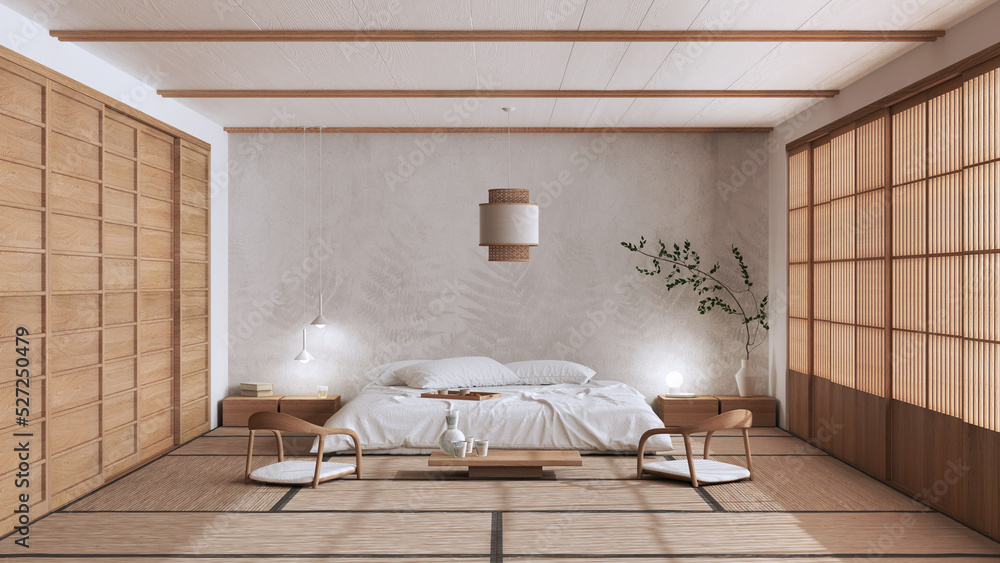 Minimalist bedroom in white and beige tones, japanese style. Double bed, tatami mats, meditation zen space. Japandi interior design - obrazy, fototapety, plakaty 
