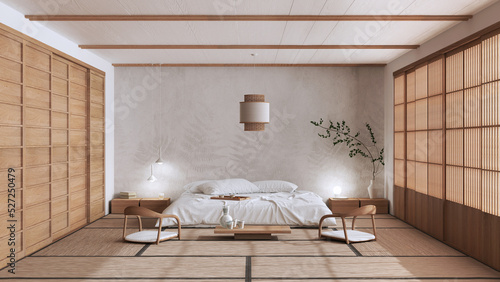 Minimalist bedroom in white and beige tones, japanese style. Double bed, tatami mats, meditation zen space. Japandi interior design photo