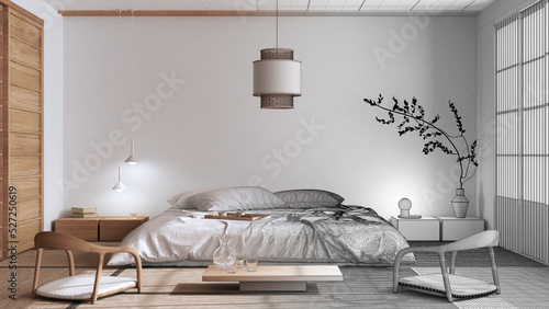 Canvas Print Architect interior designer concept: hand-drawn draft unfinished project that becomes real, japandi bedroom, japanese style