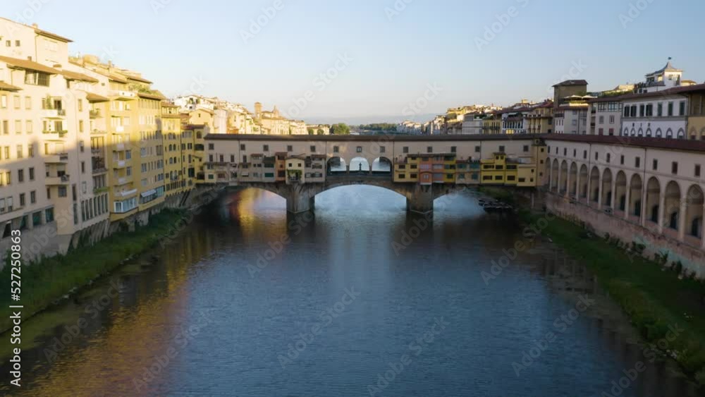 Cinematic Aerial Flight Over Ponte Vecchio Bridge in Tuscan Capital City of Florence, Italy Cinematic Aerial Flight Over Ponte Vecchio Bridge in Tuscan Capital City of Florence, Italy