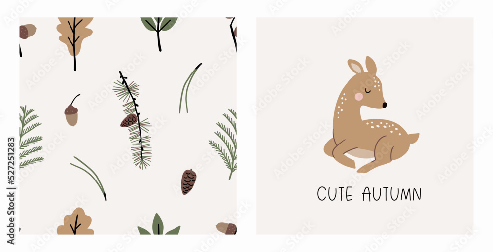 Cute Autumn. Cute cartoon fawn in forest. little deer and leaves, branches, cones, acorns - vector illustration