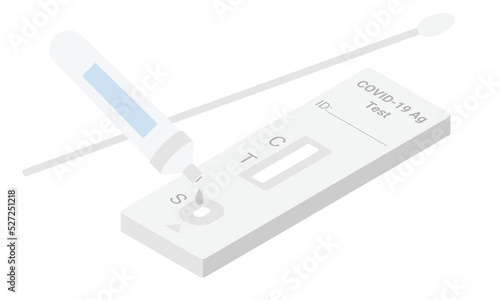 COVID-19 rapid test kit with new cassette, dropper tube and swab stick flat design clipart. Antigen detection kit isometric vector illustration. Plastic self test kit for SARS-COV-2 detection cartoon