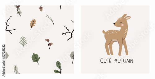 Cute Autumn. Cute cartoon fawn in forest. little deer and leaves, branches, cones, acorns - vector illustration