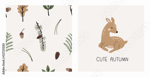 Cute Autumn. Cute cartoon fawn in forest. little deer and leaves, branches, cones, acorns - vector illustration