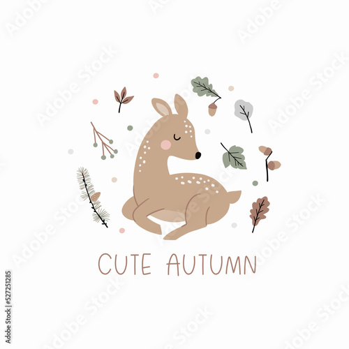 Cute Autumn. Cute cartoon fawn in forest. little deer and leaves, branches, cones, acorns - vector illustration