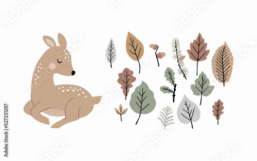 Cute Autumn. Cute cartoon fawn in forest. little deer and leaves, branches, cones, acorns - vector illustration