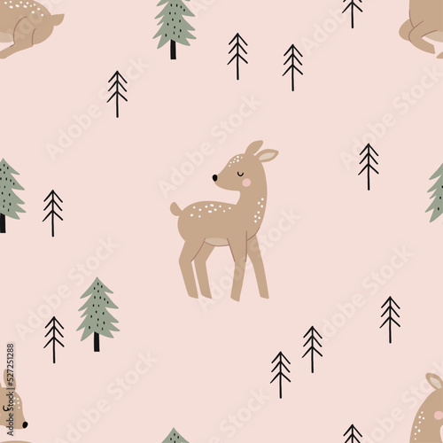 Cute Autumn. Cute cartoon fawn in forest. little deer and leaves, branches, cones, acorns - vector seamless pattern