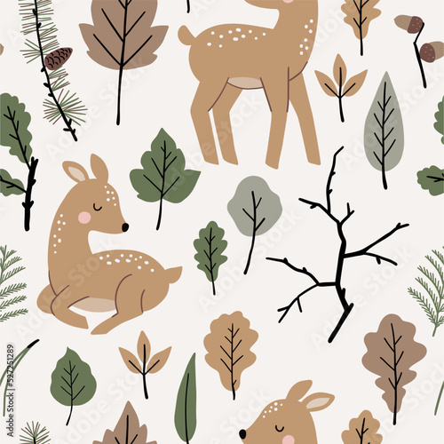 Cute Autumn. Cute cartoon fawn in forest. little deer and leaves, branches, cones, acorns - vector seamless pattern