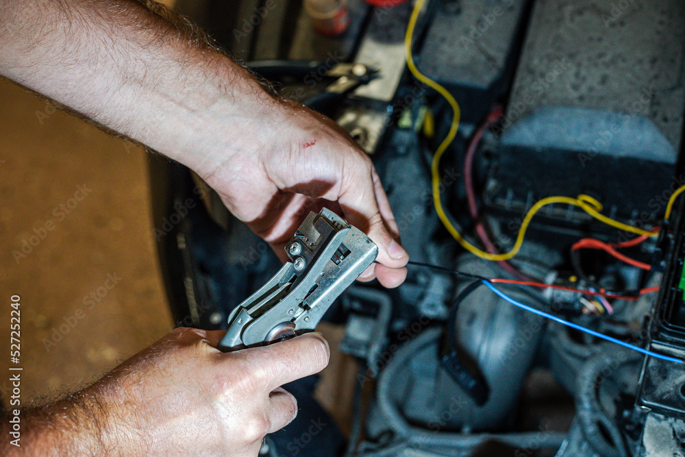 The master cleans the insulation from the wires under the hood of the