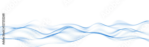 Blue wave of streaming particles on a white background. Abstract background with dynamic elements of waves and dots. 3d