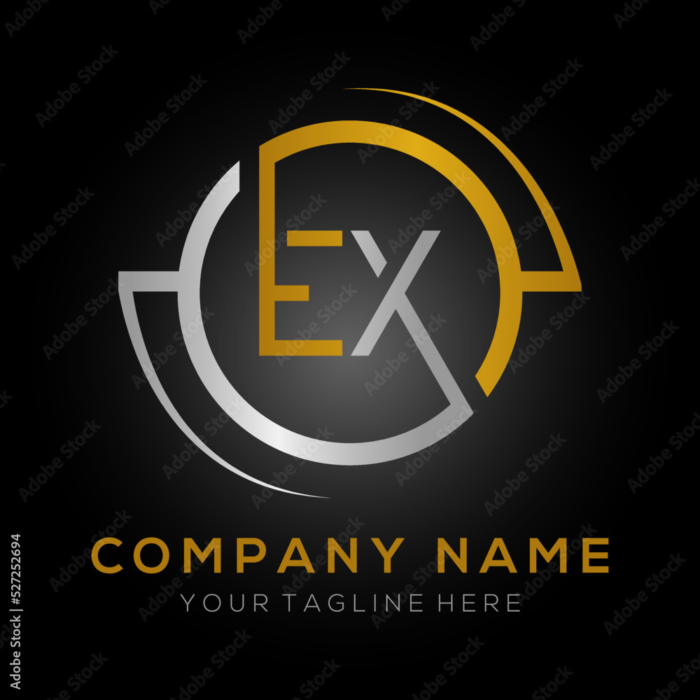 letter EX Logo Design Vector Template. Initial Gold And Silver Letter Design EX Vector Illustration With Black Background. letter EX Logo Design Vector Template. Initial Gold And Silver Letter Design EX Vector Illustration With Black Background.