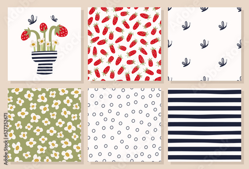 Postcard with hand drawn strawberry bush in vase. Set of vector seamless patterns with berries, butterflies, flowers, stripes, dots.