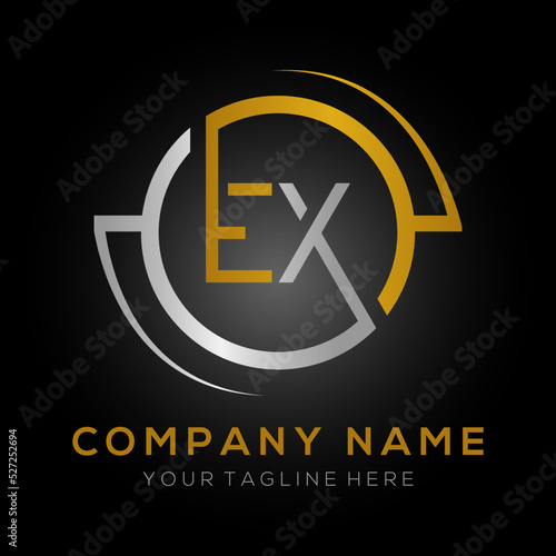 letter EX Logo Design Vector Template. Initial Gold And Silver Letter Design EX Vector Illustration With Black Background.
