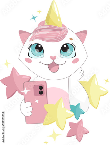 Cute cat takes a selfie. Unicorn cat. Little white cat in the stars. Poster, invitation, postcard. 